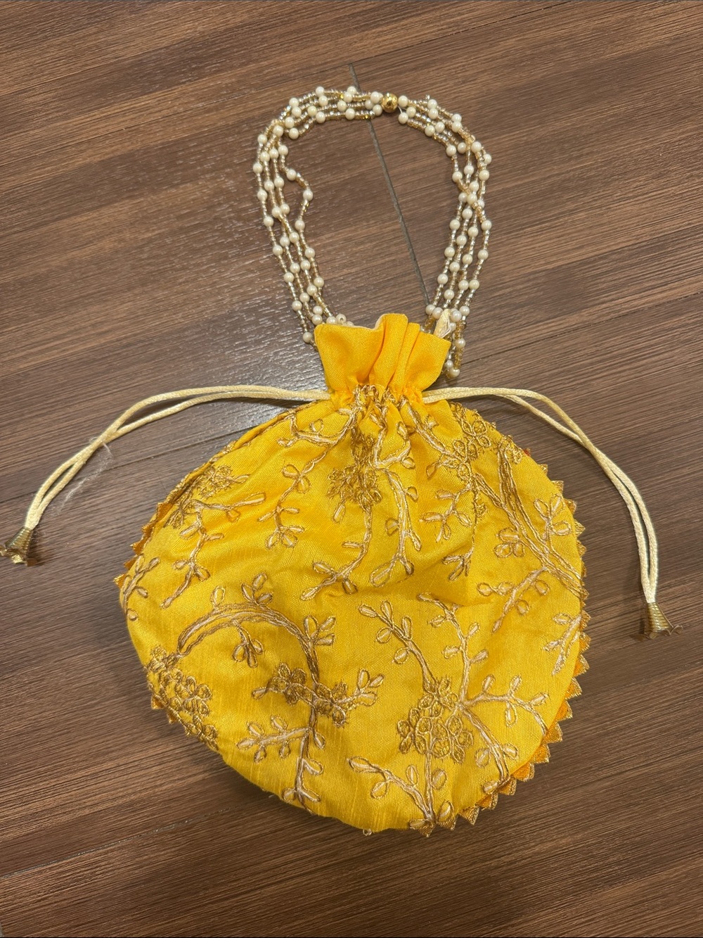 Yellow Embroidered Drawstring Potli Bag with Beaded Handle